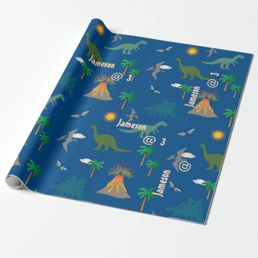 Leuke Blauwe Dinosaurus Patroon Wildlife Planten N Cadeaupapier (Uitgerold)