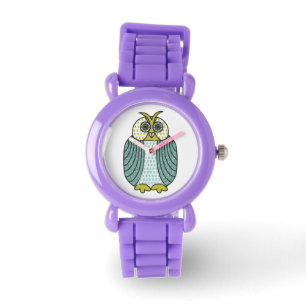 Leuke blauwe en groene uil illustratie horloge
