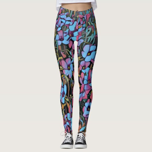 Leuke blauwe en roze bloemprint leggings (Voorkant)