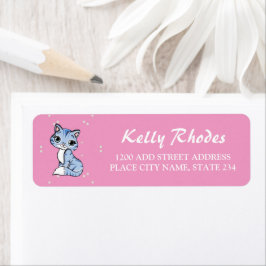 Leuke blauwe kat op roze etiket