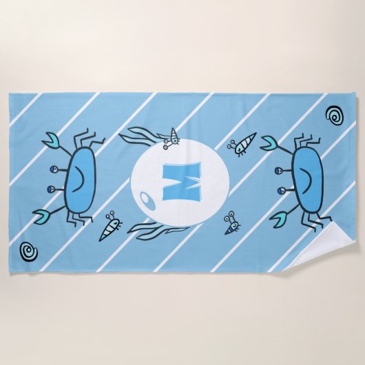 Leuke Blauwe Krab Zee Dieren Kinder Monogram Stran Strandlaken (Voorkant)