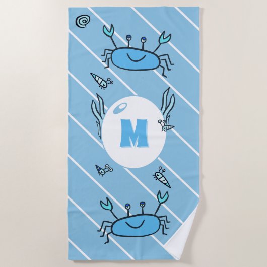 Leuke Blauwe Krab Zee Dieren Kinder Monogram Stran Strandlaken (Voorkant)
