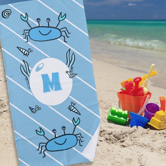 Leuke Blauwe Krab Zee Dieren Kinder Monogram Stran Strandlaken