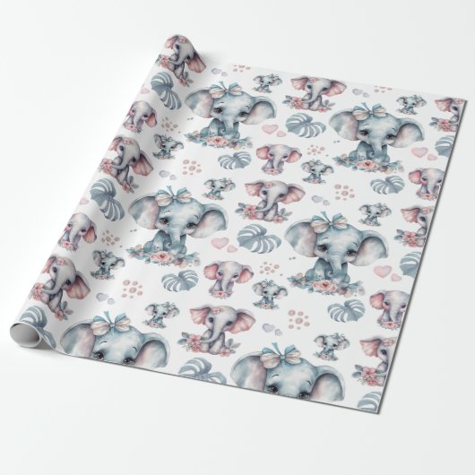 Leuke blauwe olifant print cadeaupapier (Uitgerold)