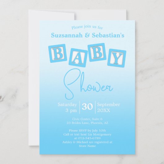Leuke blauwe ombre BABY jongensblokken Shower Uitn Kaart (Voorkant)