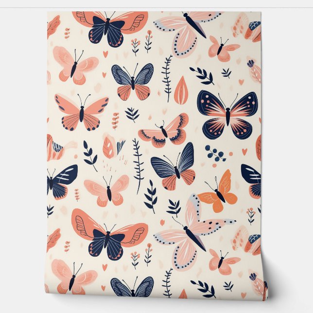 Leuke Blauwe Oranje Vlinder Bloemen Behang (Afrollen)