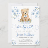 Leuke blauwe teddybeer florale baby shower Uitnodi Kaart (Voorkant)