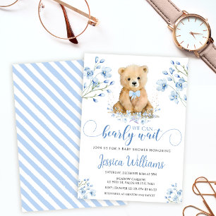 Leuke blauwe teddybeer florale baby shower Uitnodi Kaart