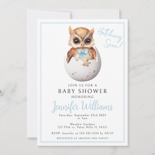 Leuke blauwe uil hatching baby boy douche Uitnodig Kaart (Voorkant)