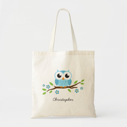 Leuke blauwe uil op bloementak gepersonaliseerde tote bag (Voorkant)