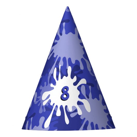 Leuke blauwe verfspat 8e verjaardag papier feesthoedjes (Voorkant)