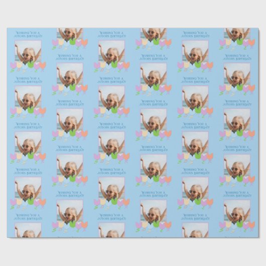 Leuke blauwe verjaardag Gepersonaliseerde foto Tul Cadeaupapier (Vlak)