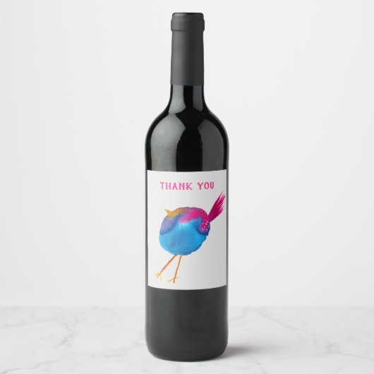 Leuke blauwe vogel waterverf wijn etiket (Voorkant)
