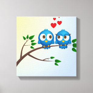 Leuke blauwe vogels in liefdecartoon canvas afdruk