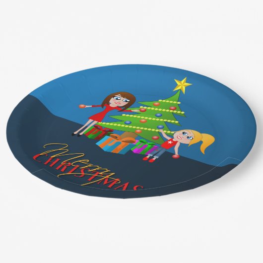 Leuke blauwe vrolijke kerstboom papieren bordje (Gekanteld)