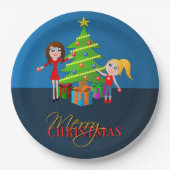 Leuke blauwe vrolijke kerstboom papieren bordje (Voorkant)