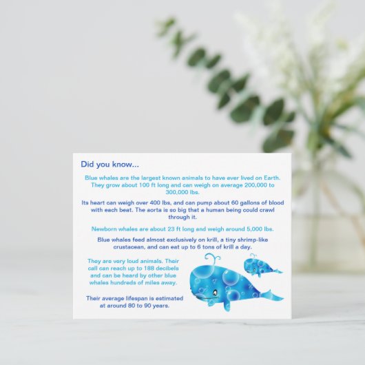 Leuke blauwe walvis feiten briefkaart (Staand voorkant)