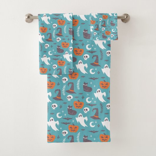 Leuke Blauwgroen Doodle Halloween Patroon Bad Handdoek (Insitu)