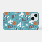 Leuke Blauwgroen Doodle Halloween Patroon iPhone 15 Case (Achterkant horizontaal)