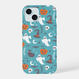 Leuke Blauwgroen Doodle Halloween Patroon iPhone 15 Case