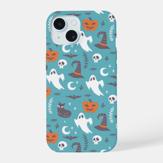 Leuke Blauwgroen Doodle Halloween Patroon iPhone 15 Case (Achterkant)