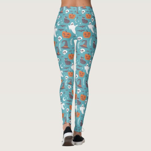 Leuke Blauwgroen Doodle Halloween Patroon Leggings (Achterkant)