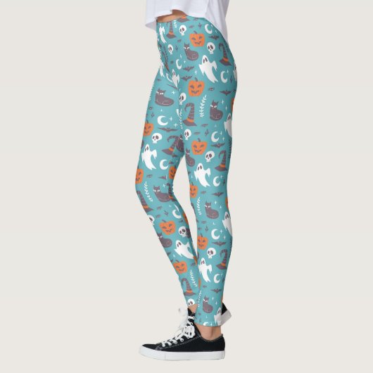 Leuke Blauwgroen Doodle Halloween Patroon Leggings (Links)