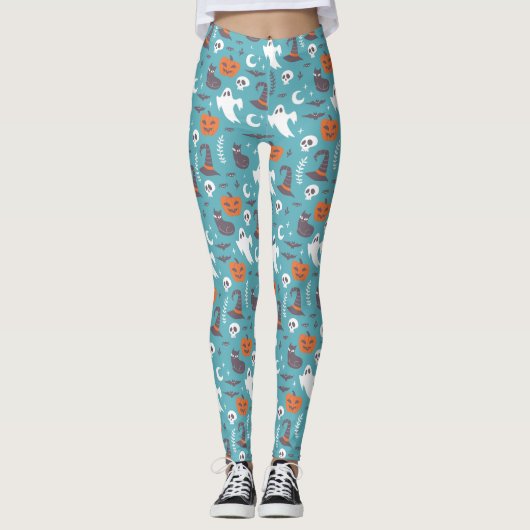 Leuke Blauwgroen Doodle Halloween Patroon Leggings (Voorkant)