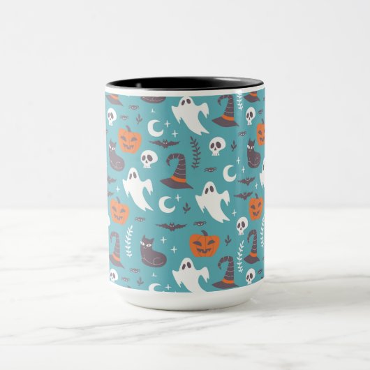 Leuke Blauwgroen Doodle Halloween Patroon Mok (Midden)