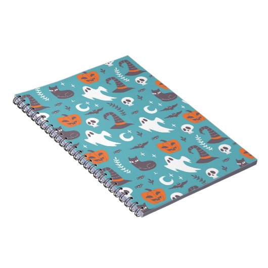 Leuke Blauwgroen Doodle Halloween Patroon Notitieboek (Rechterzijde)