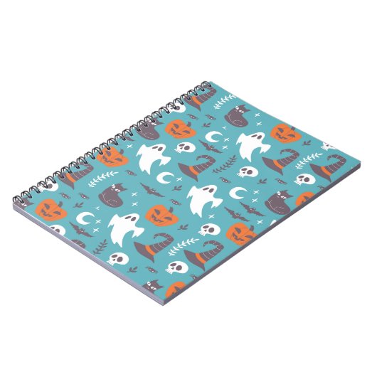 Leuke Blauwgroen Doodle Halloween Patroon Notitieboek (Linkerzijde)