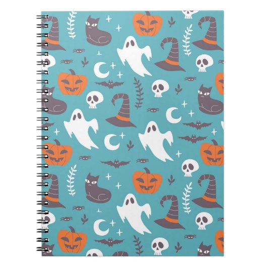 Leuke Blauwgroen Doodle Halloween Patroon Notitieboek (Voorkant)