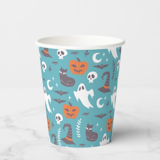 Leuke Blauwgroen Doodle Halloween Patroon Papieren Bekers (Achterkant)