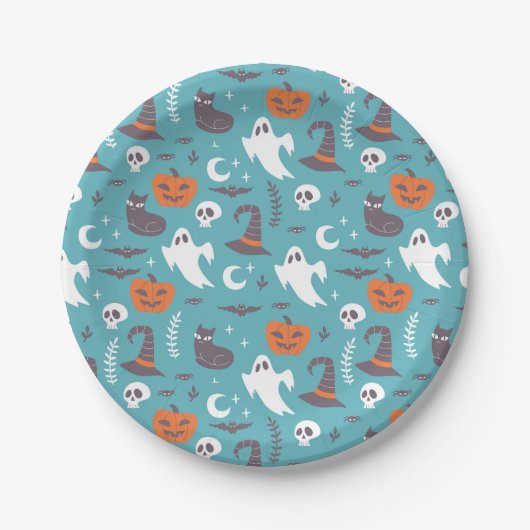Leuke Blauwgroen Doodle Halloween Patroon Papieren Bordje (Voorkant)