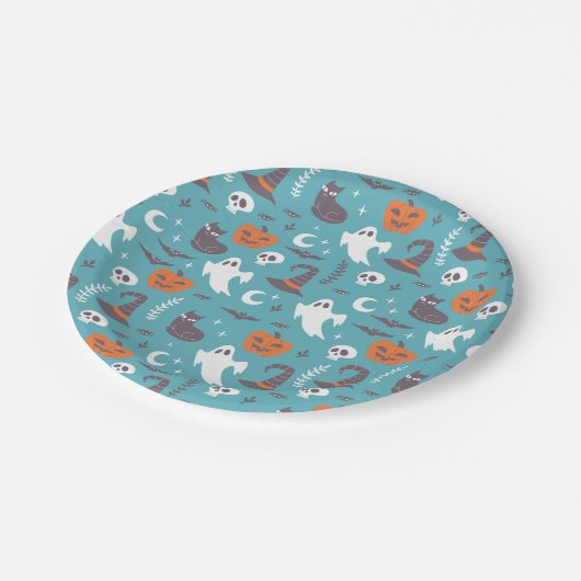 Leuke Blauwgroen Doodle Halloween Patroon Papieren Bordje (Gekanteld)