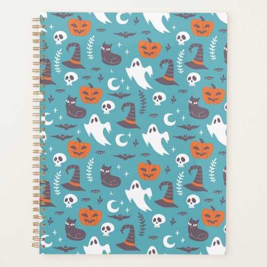 Leuke Blauwgroen Doodle Halloween Patroon Planner (Voorkant)