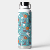 Leuke Blauwgroen Doodle Halloween Patroon Waterfles (Achterkant)