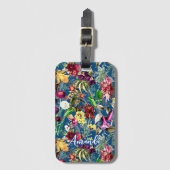 Leuke bloemen bladeren blauw monogram patroon bagagelabel (Voorkant (verticaal))
