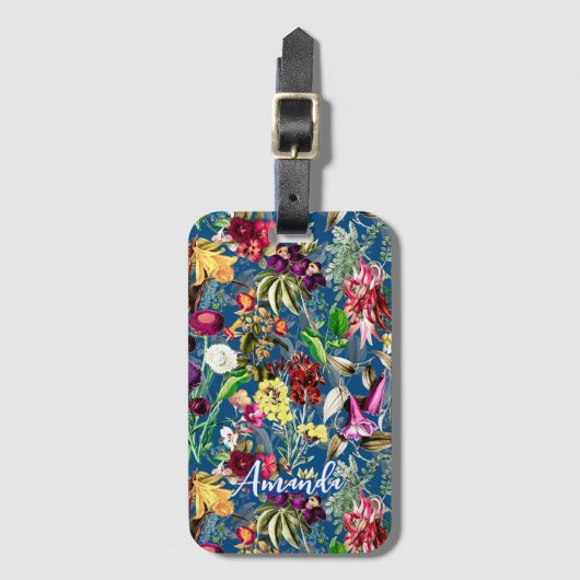 Leuke bloemen bladeren blauw monogram patroon bagagelabel (Voorkant (verticaal))