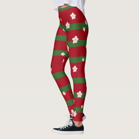 Leuke Bloemen Bloemen op Stevige Groene Rode Kerst Leggings (Links)