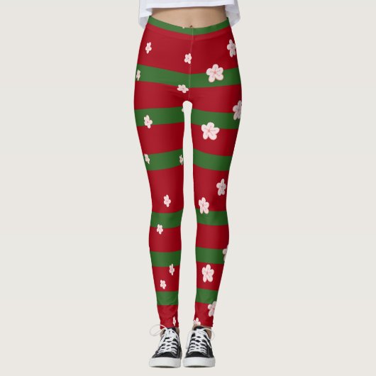 Leuke Bloemen Bloemen op Stevige Groene Rode Kerst Leggings (Voorkant)