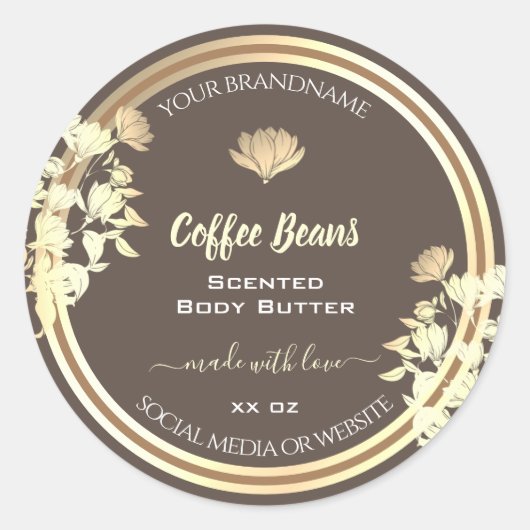 Leuke Bloemen Bruin Goud Product Verpakkingsetiket Ronde Sticker (Voorkant)