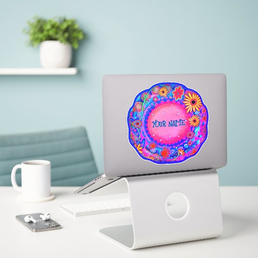 Leuke Bloemen Custom Name Roze Inspirivity Sticker (Laptop op bureau)