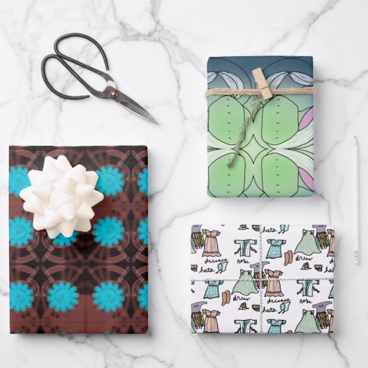 Leuke bloemen en kleding, helder blauw en bruin inpakpapier vel (Voorkant)