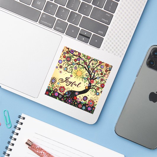 Leuke Bloemen en Vrolijke Boom Vrolijke Whimsical Sticker (Laptop met iPhone)