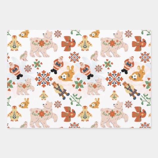 Leuke Bloemen Kerst Patroon met Kerstman, 3 set Inpakpapier Vel (Voorkant 3)