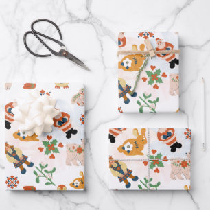 Leuke Bloemen Kerst Patroon met Kerstman, 3 set Inpakpapier Vel
