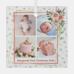 Leuke Bloemen Lijst Nieuwe Baby Gepersonaliseerd 4 Glas Ornament