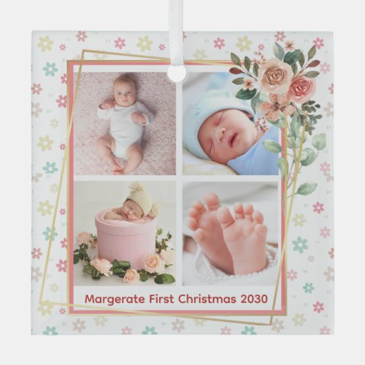 Leuke Bloemen Lijst Nieuwe Baby Gepersonaliseerd 4 Glas Ornament (Voorkant)