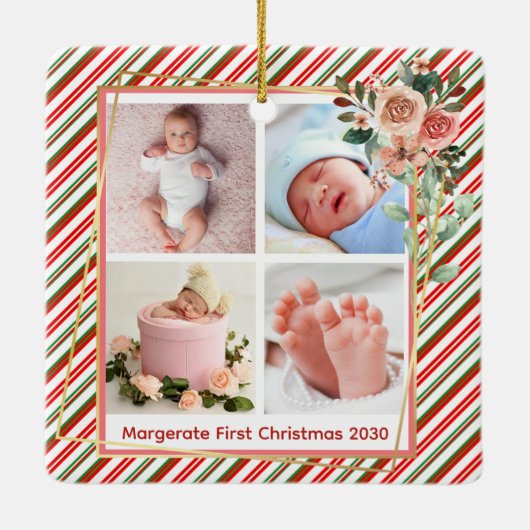 Leuke Bloemen Lijst Nieuwe Baby Gepersonaliseerd 4 Keramisch Ornament (Achterkant)